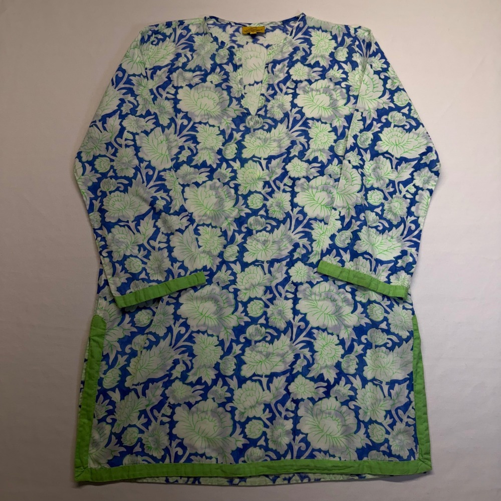 Roberta Roller Rabbit Cotton Tunic Floral Block Print S Blue Green Womens Boho